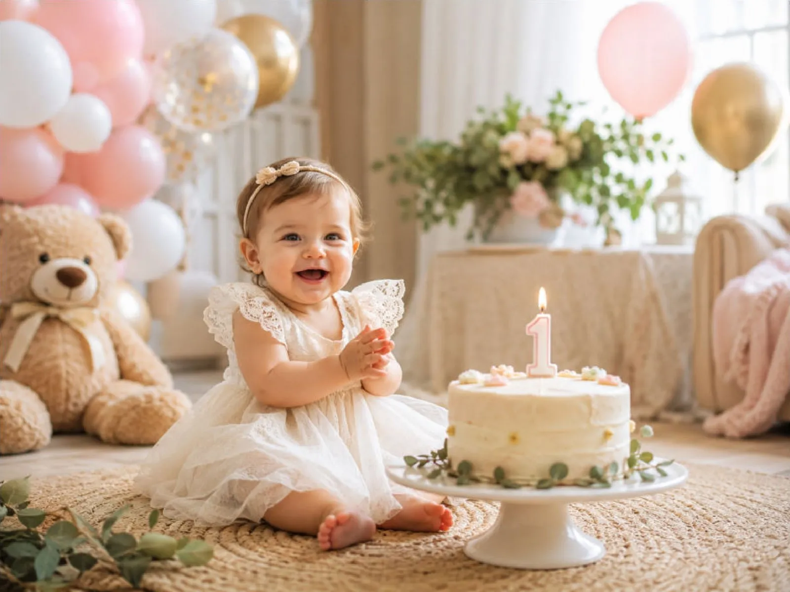 Primo compleanno di un bambino con torta e prima candelina