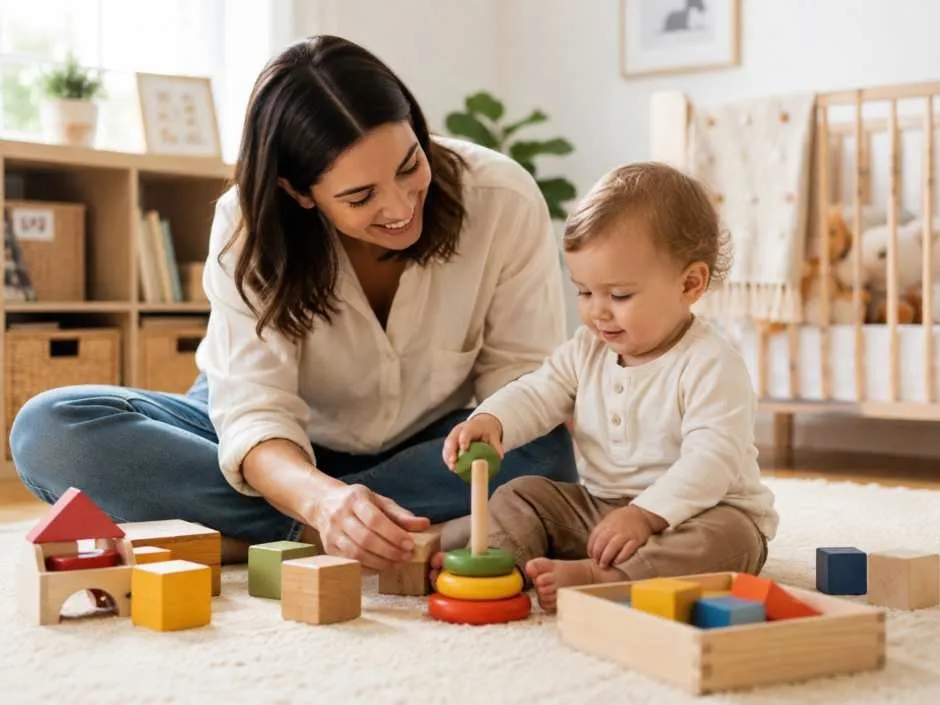 Genitore e bambino che giocano insieme con costruzioni