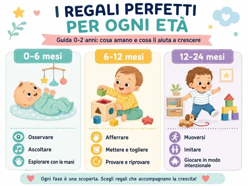 Regali per bambini suddivisi tra 0-6, 6-12 e 12-24 mesi